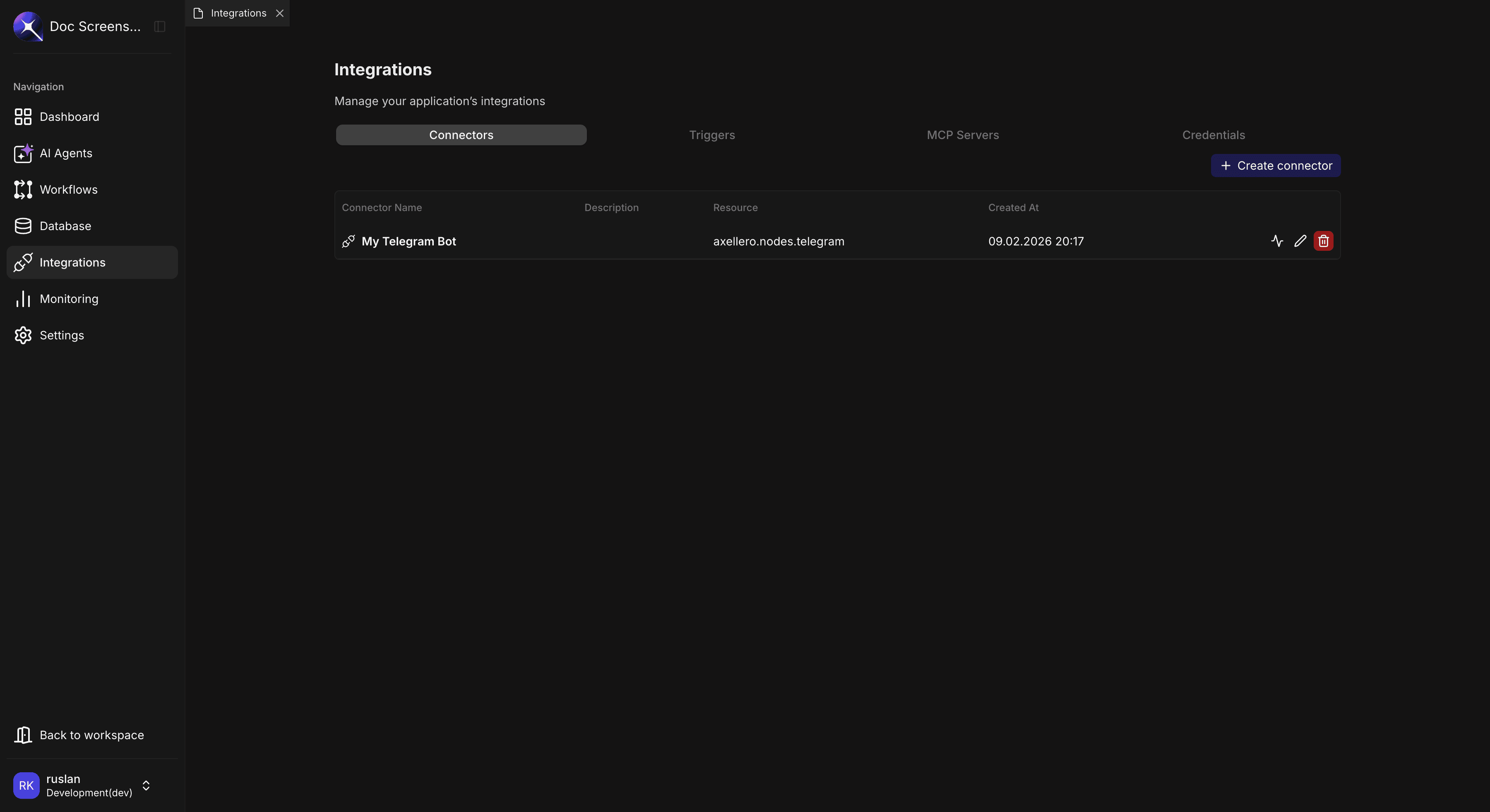 Connectors list view