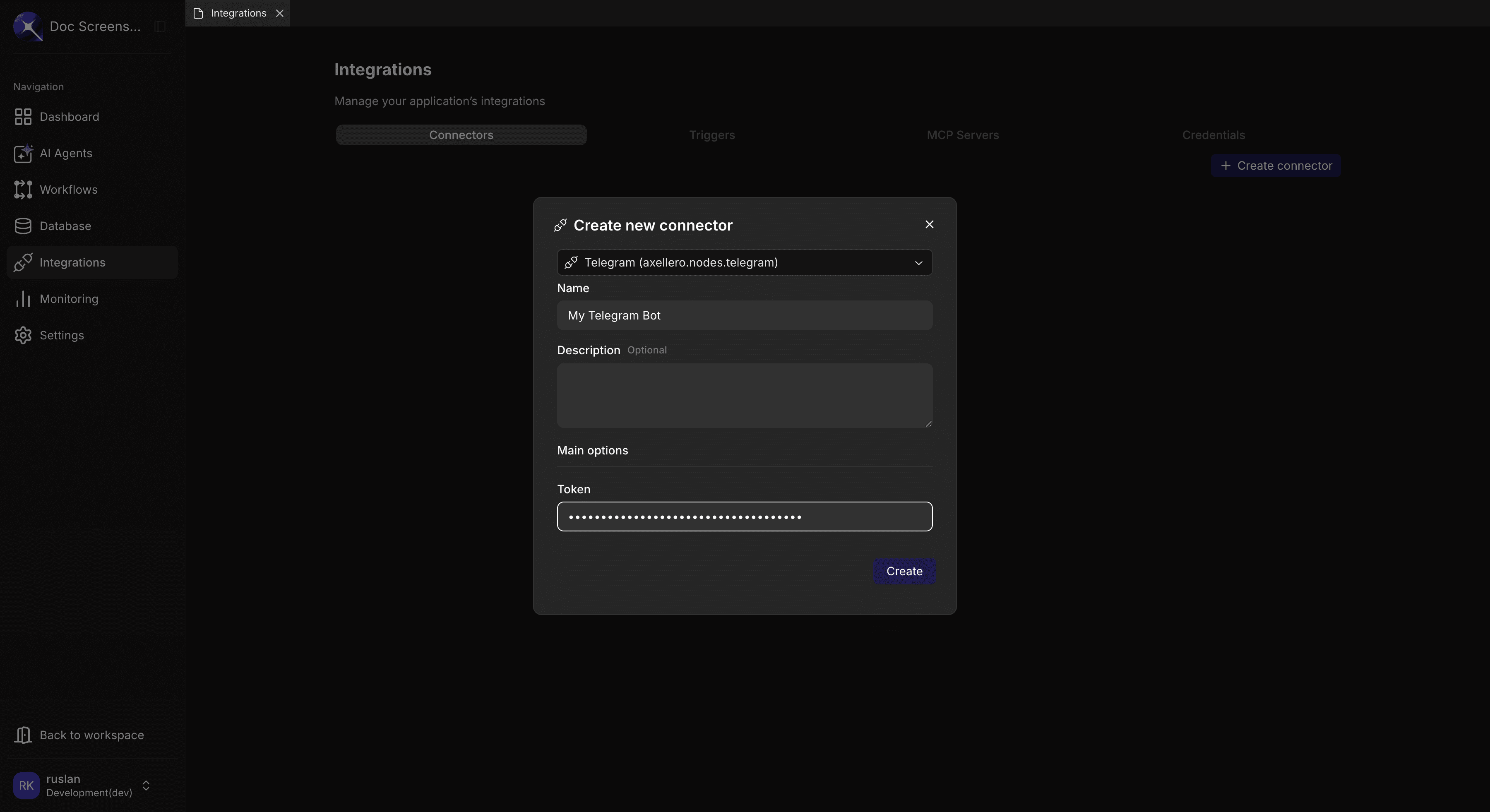 Create connector dialog