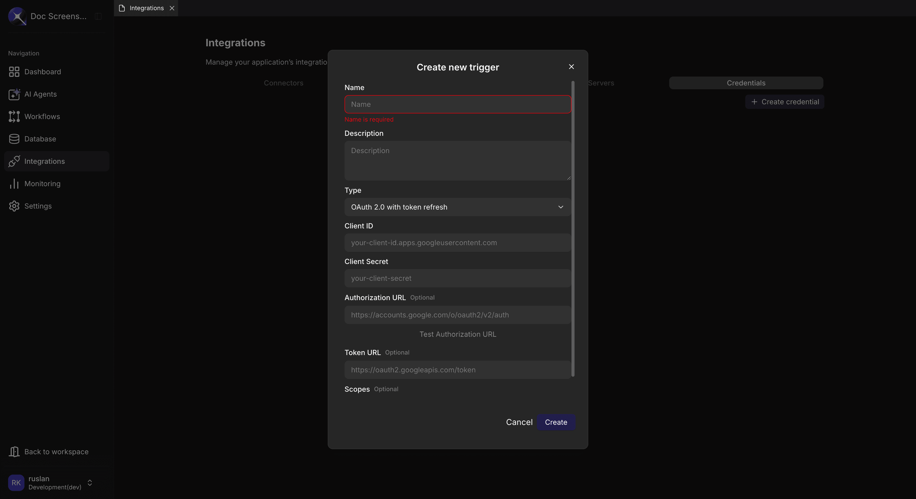 OAuth 2.0 credential form