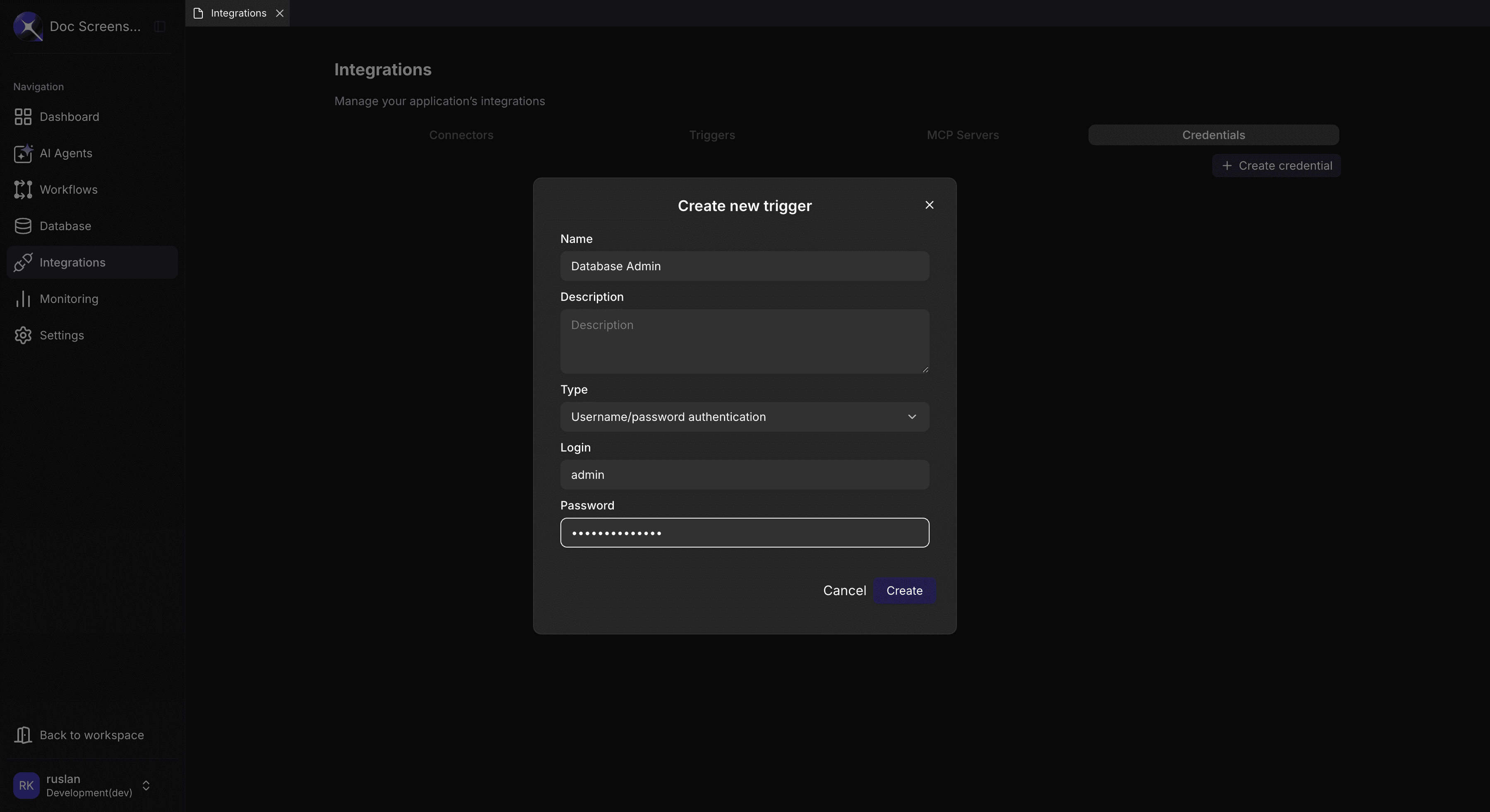 Create credential dialog