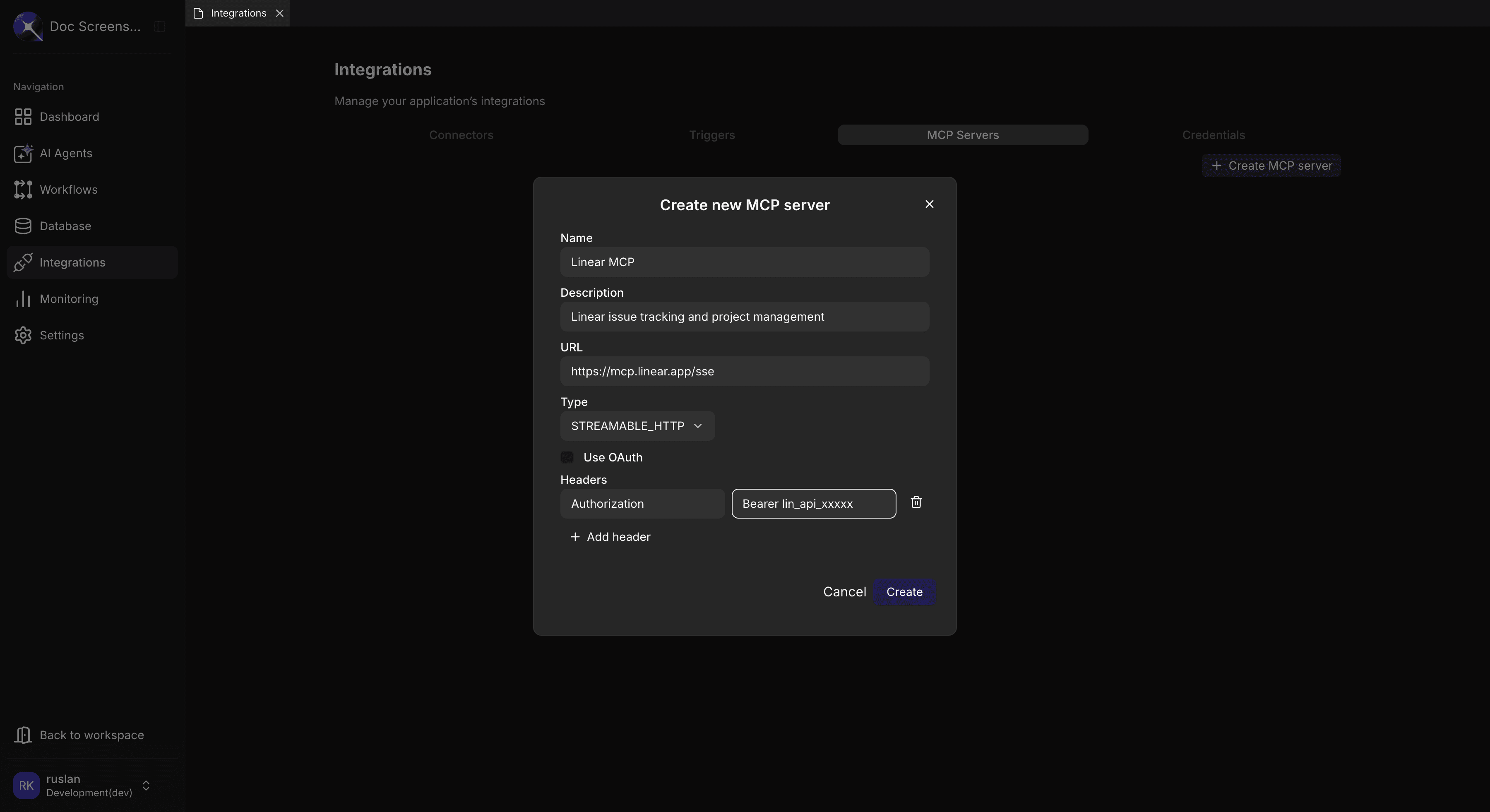 Create MCP server dialog