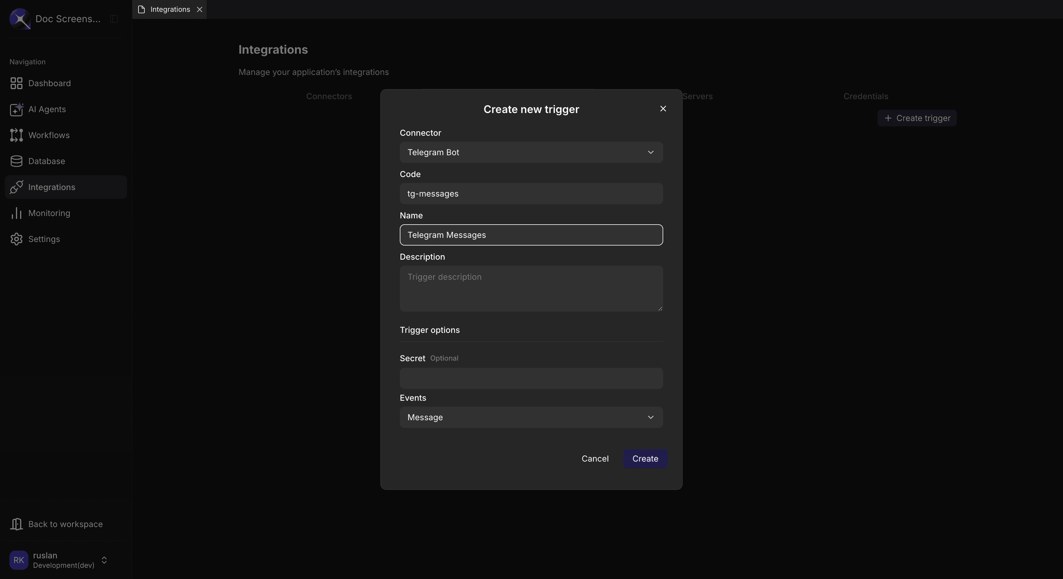 Create trigger dialog