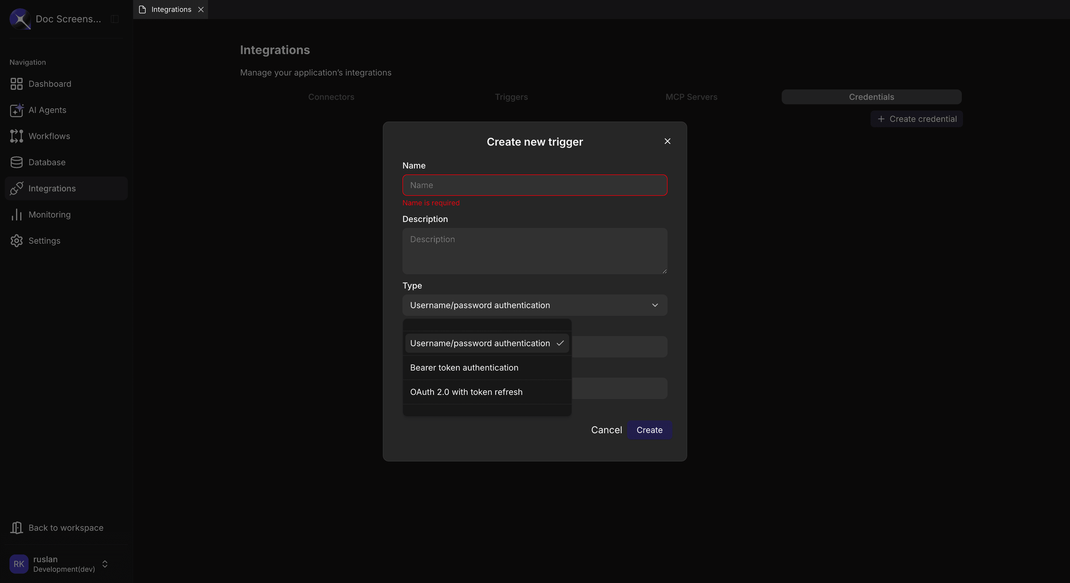 Credential type dropdown