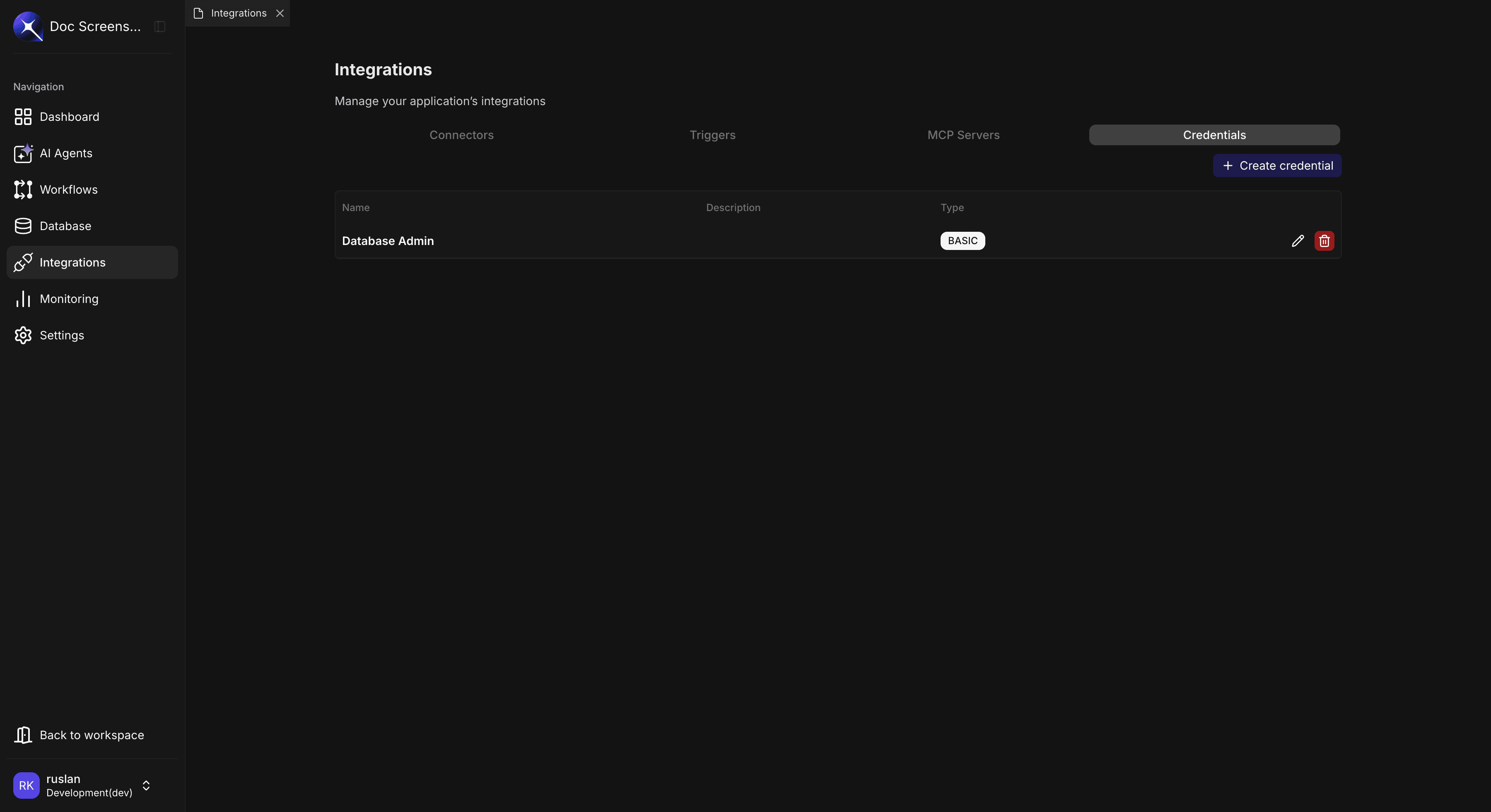 Credentials list view