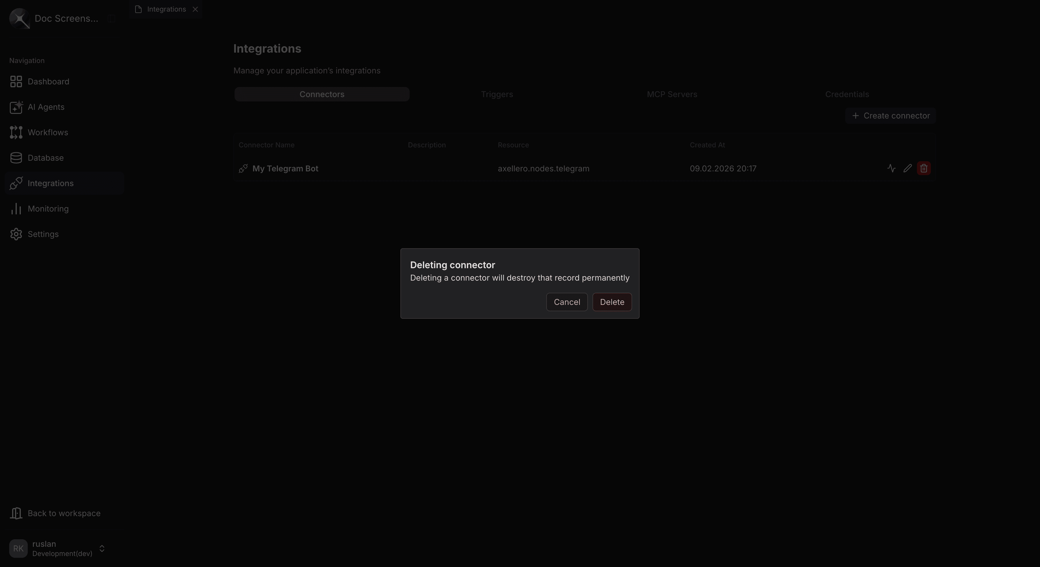 Delete connector confirmation