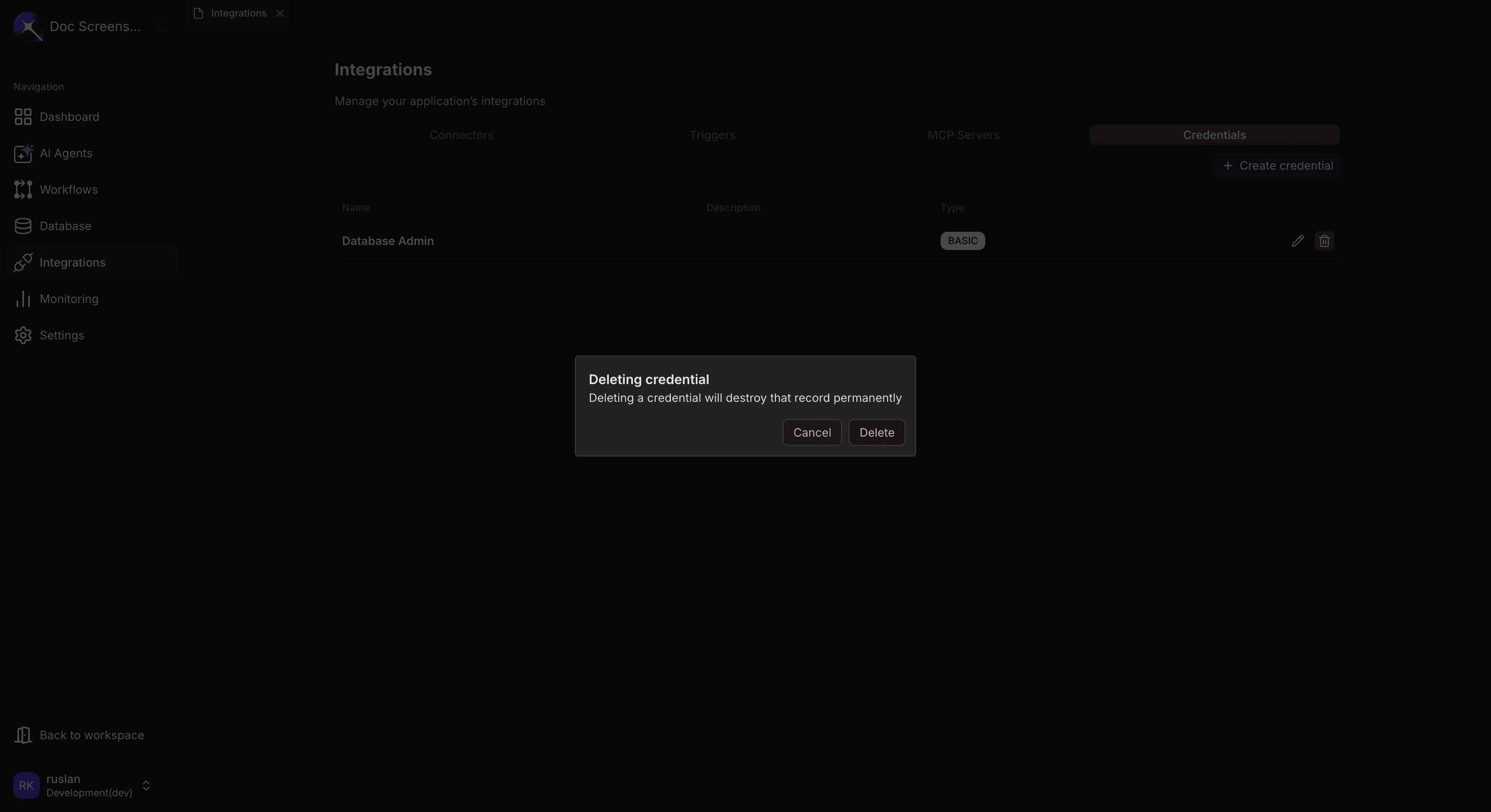 Delete credential confirmation