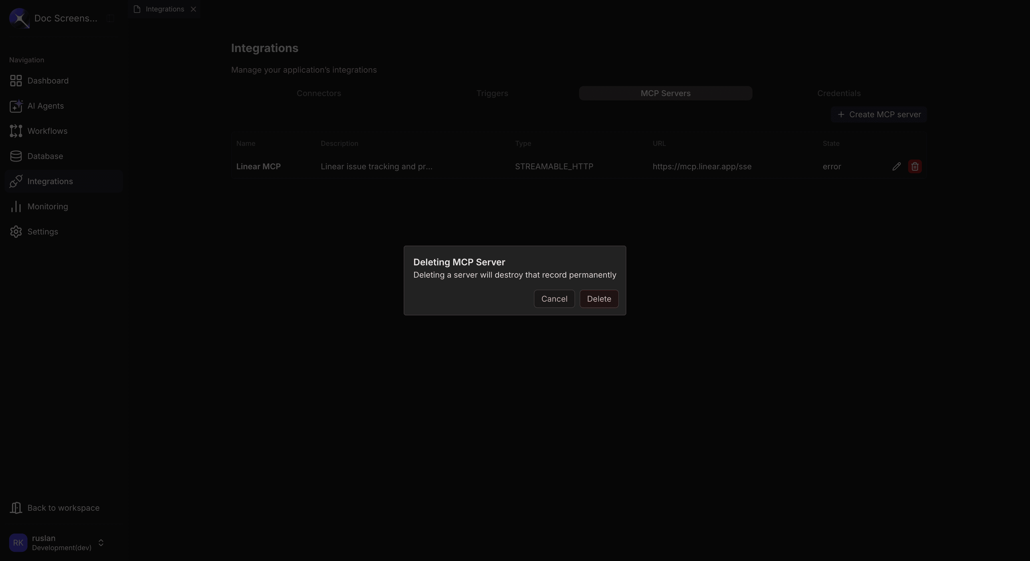 Delete MCP server confirmation