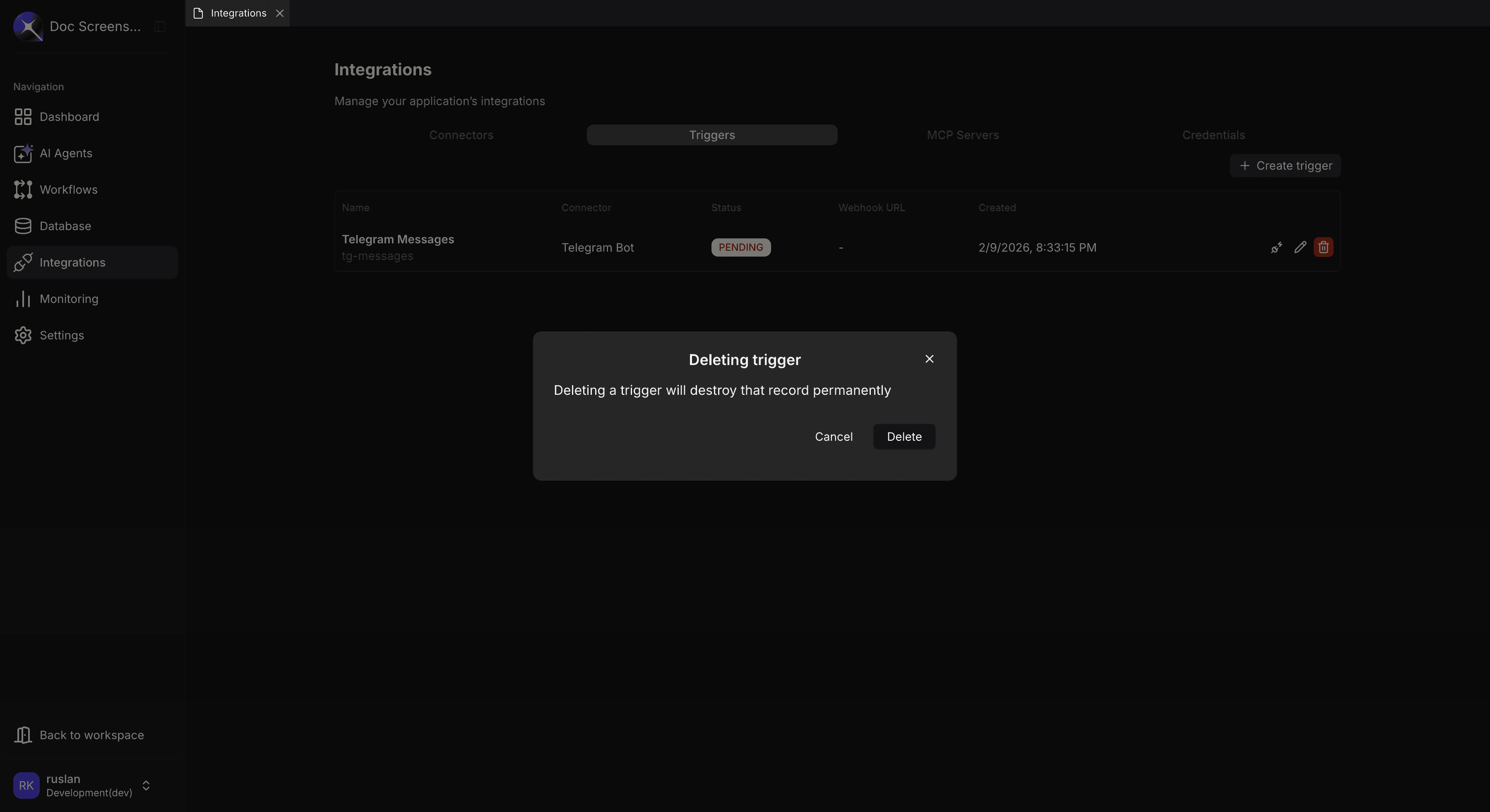Delete trigger confirmation