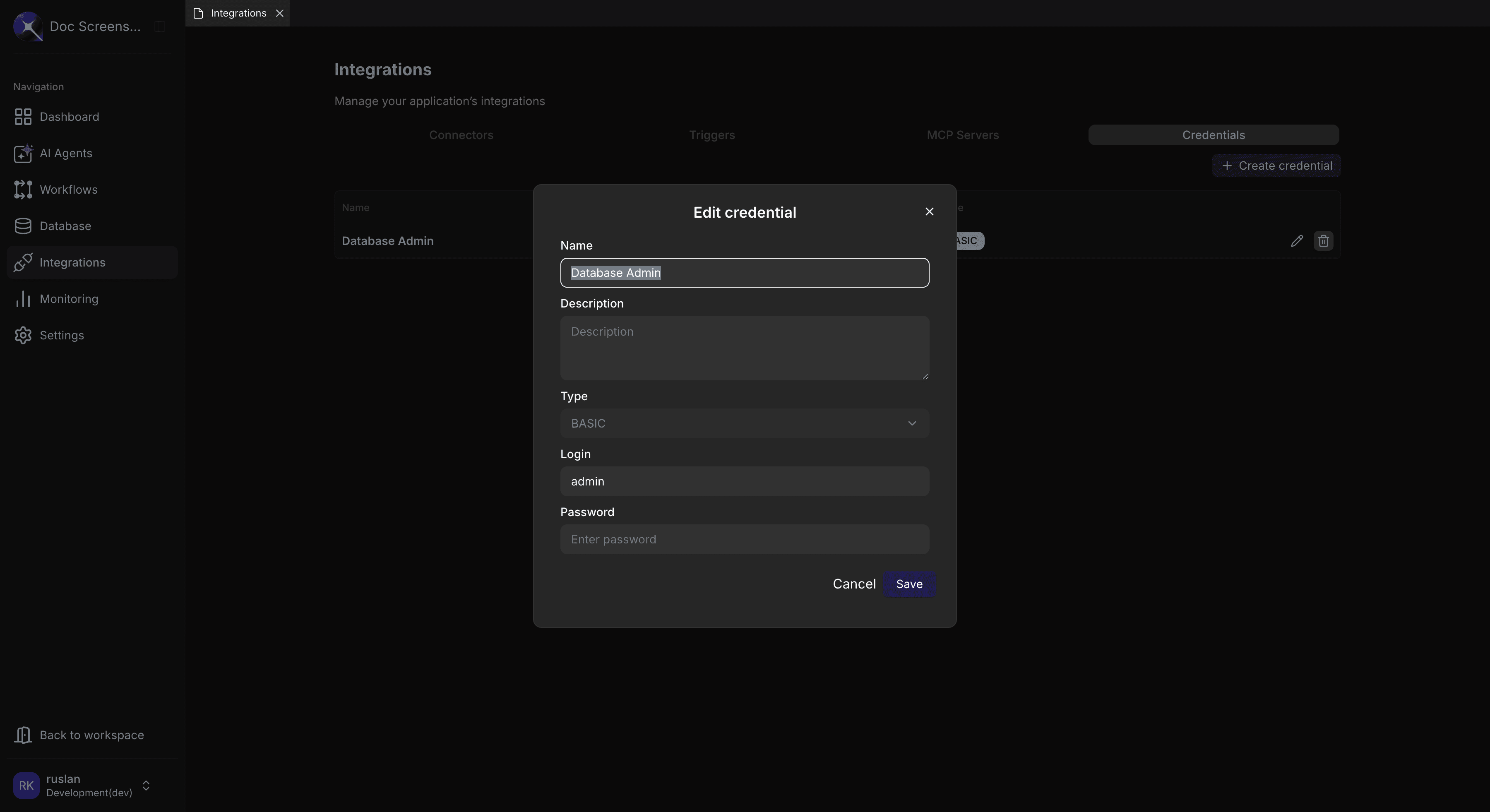 Edit credential dialog