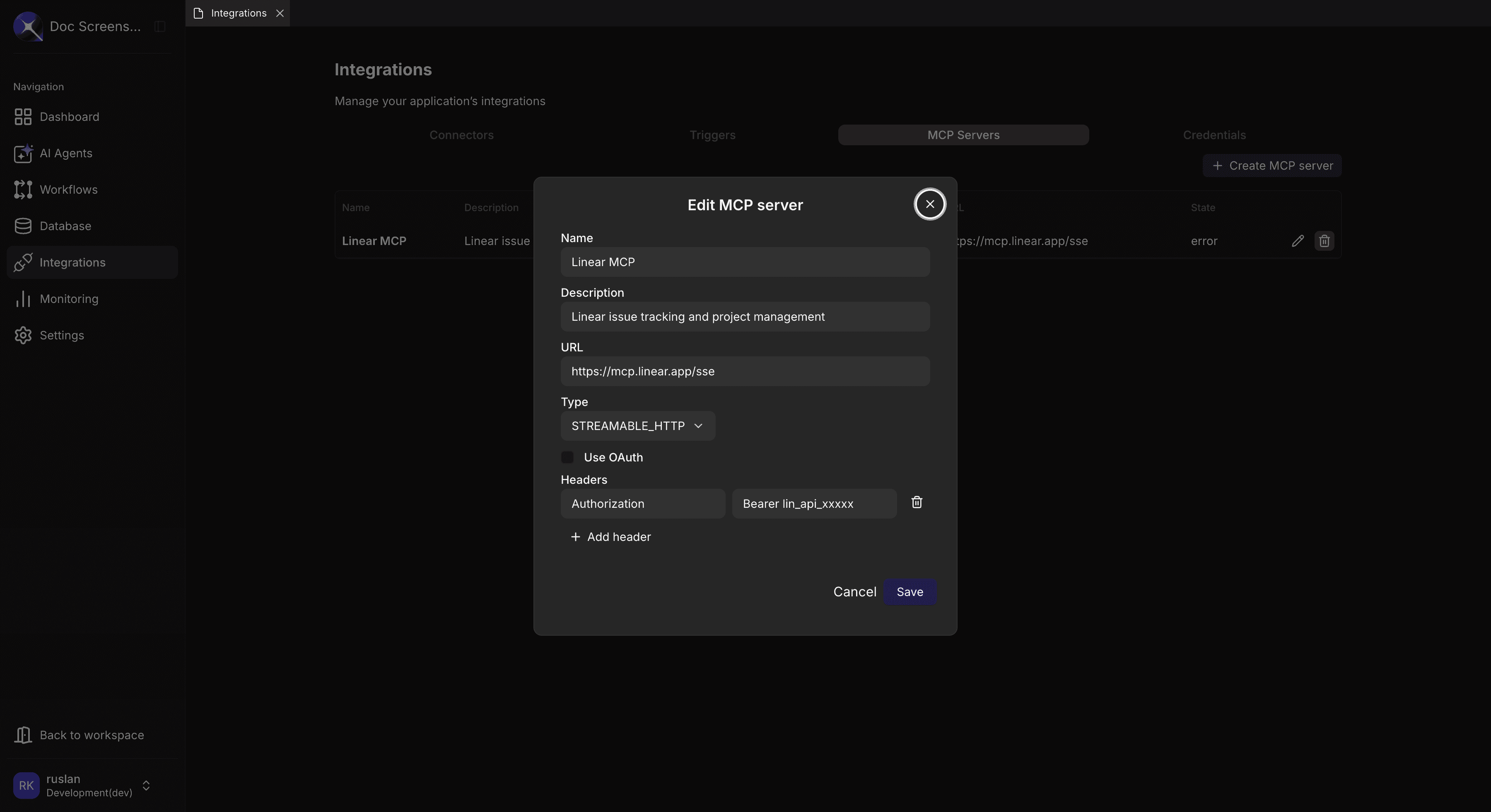 Edit MCP server dialog