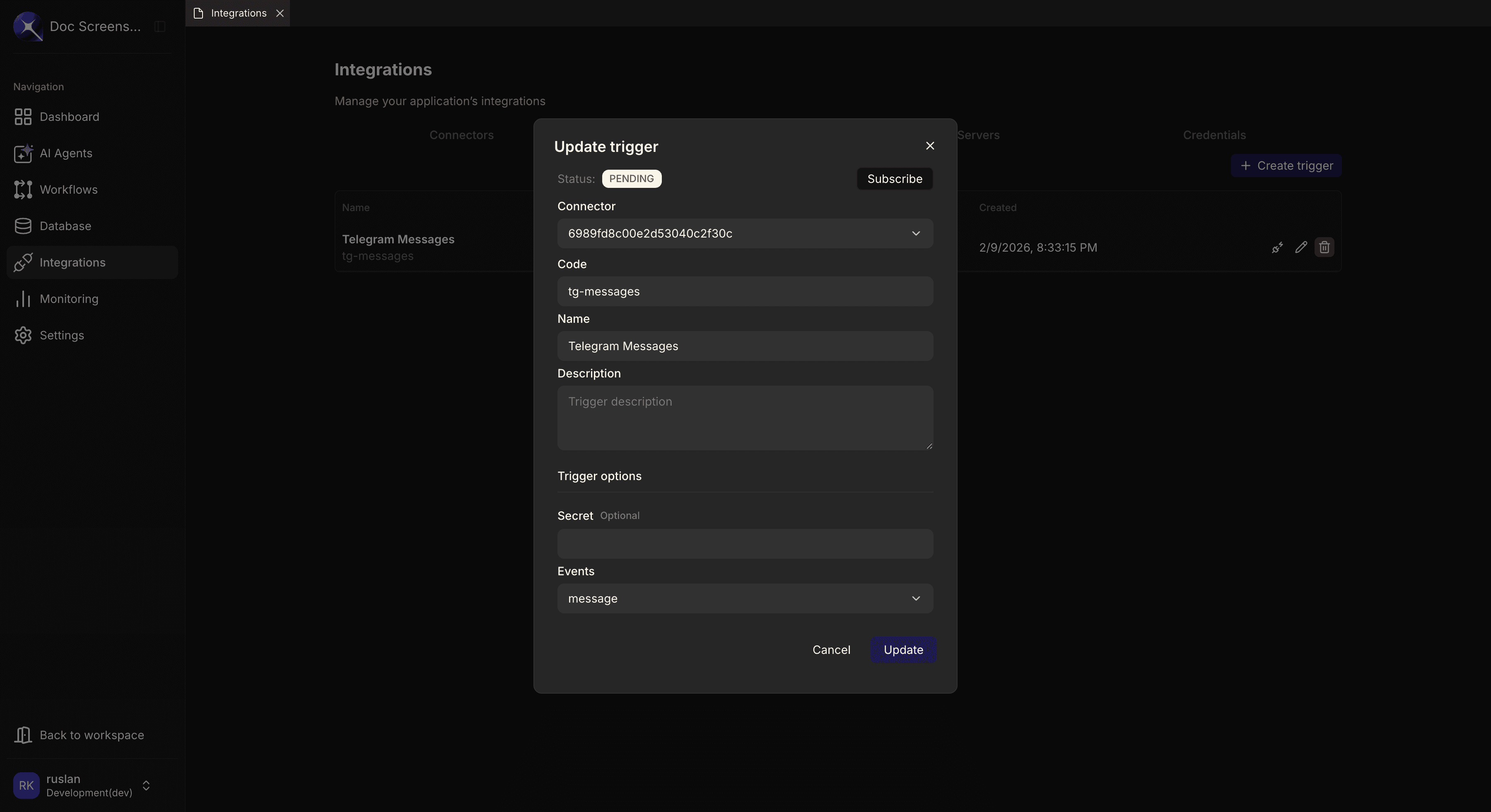 Update trigger dialog