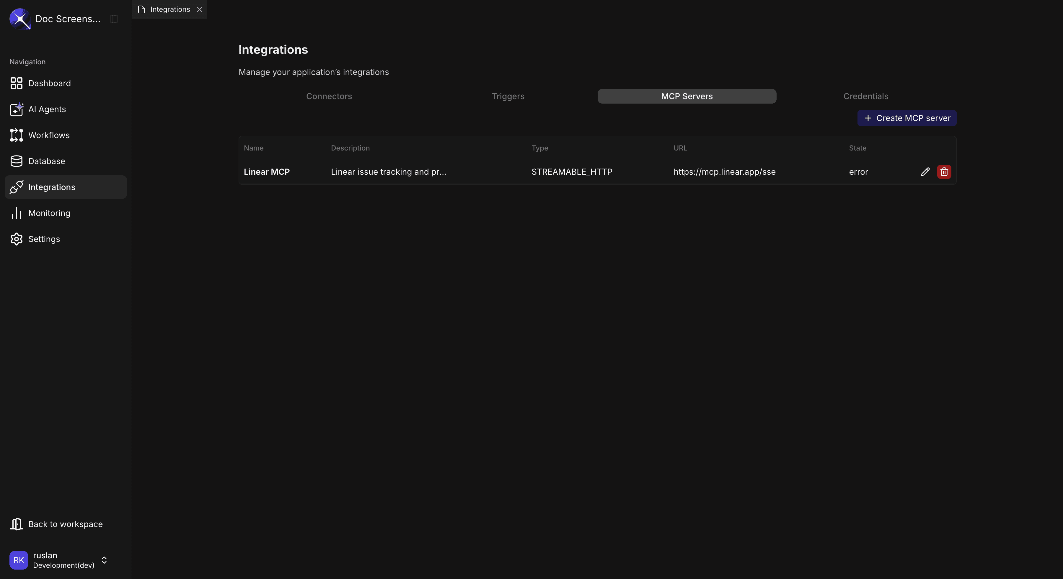 MCP Servers list view